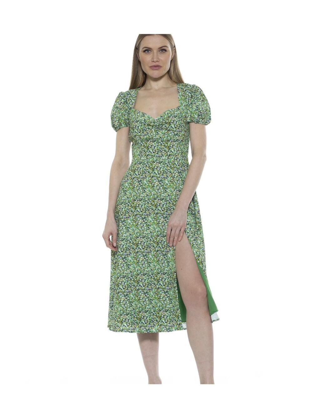 Alexia Admor Gracie Sweetheart Print Midi Dress Green Floral Slit Puff Sleeves